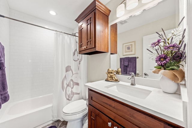 bathroom with toilet, recessed lighting, visible vents, vanity, and shower / bath combo with shower curtain