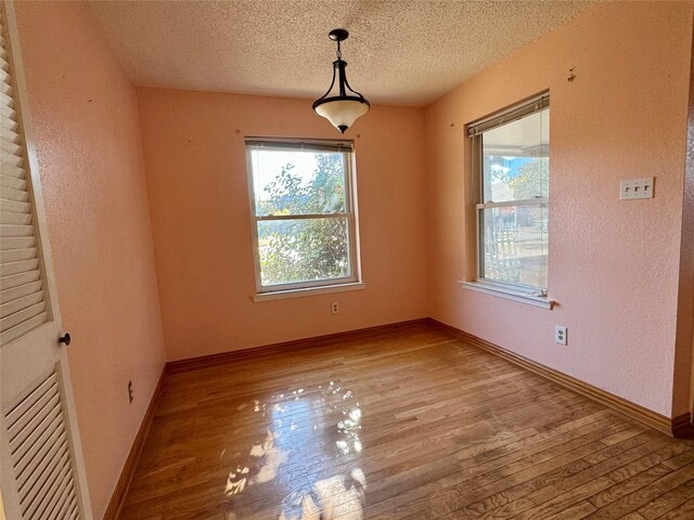 unfurnished dining area featuring light wood-type flooring and a textured ceiling