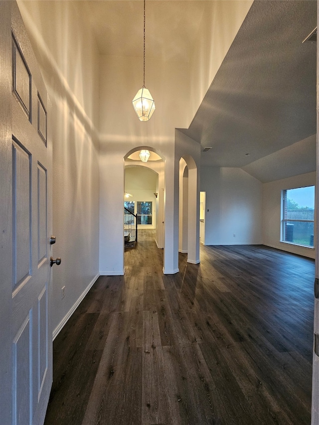 entryway featuring a textured ceiling, dark hardwood / wood-style flooring, and high vaulted ceiling