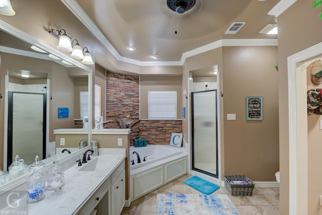 full bathroom featuring tile patterned floors, independent shower and bath, and ornamental molding