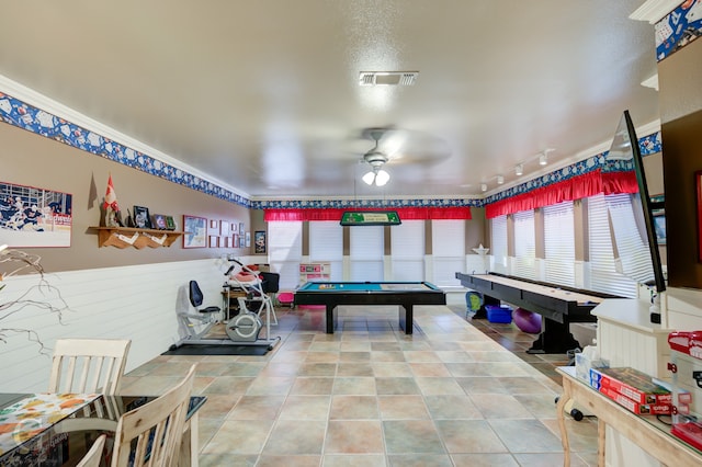 game room featuring tile patterned flooring, ceiling fan, and billiards