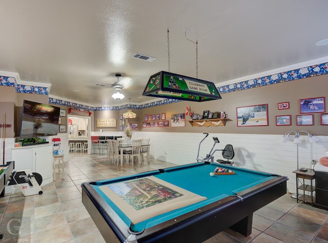 rec room with tile patterned floors, ceiling fan, and billiards