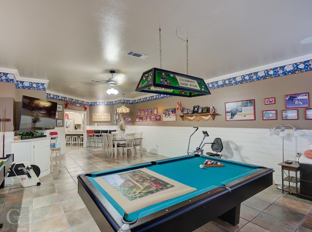 game room with tile patterned flooring, billiards, and ceiling fan