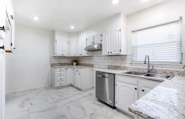 kitchen featuring white cabinets, decorative backsplash, sink, and dishwasher