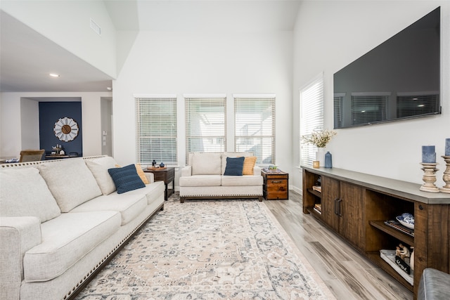 living room featuring a towering ceiling and light hardwood / wood-style flooring