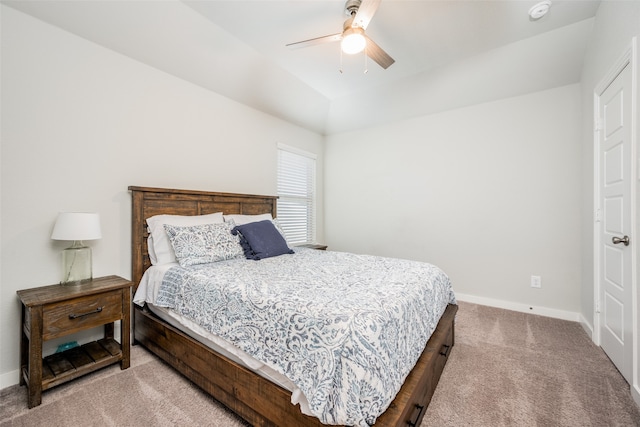 bedroom with light colored carpet and ceiling fan