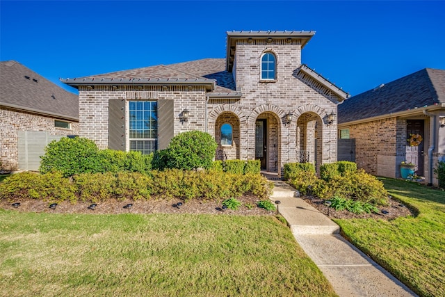 french country style house with a front yard and brick siding