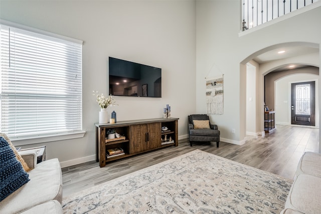 living room with a towering ceiling and light hardwood / wood-style flooring