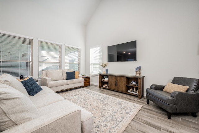 living room featuring high vaulted ceiling and light hardwood / wood-style flooring