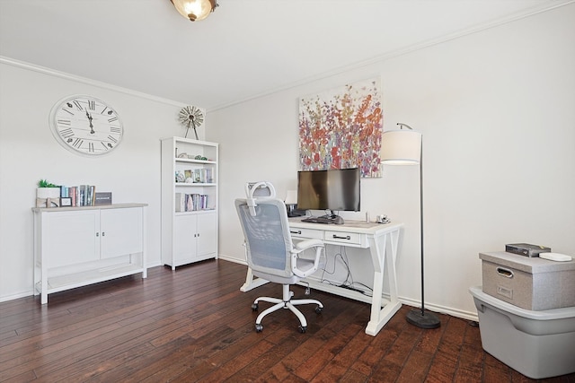 home office with dark hardwood / wood-style flooring and crown molding