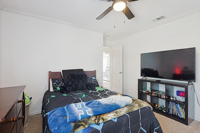 bedroom featuring carpet flooring, ceiling fan, and crown molding