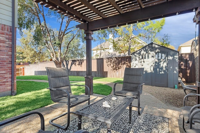 view of patio / terrace featuring a pergola and a shed