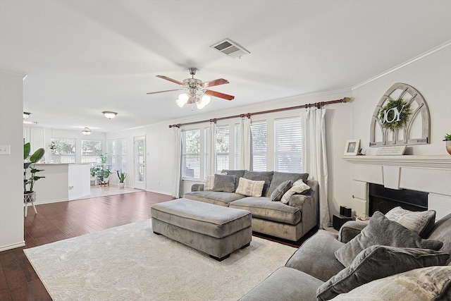 living room featuring crown molding, ceiling fan, and dark wood-type flooring