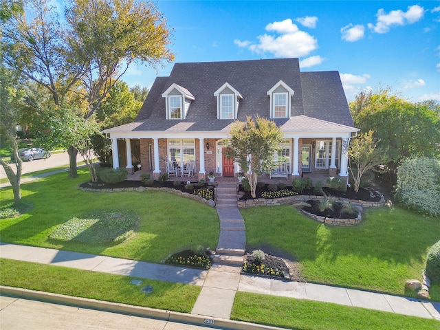 cape cod-style house with a front lawn and a porch