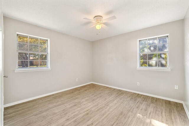 spare room featuring ceiling fan, light hardwood / wood-style floors, and a textured ceiling