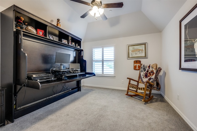 home office featuring carpet flooring, ceiling fan, and lofted ceiling