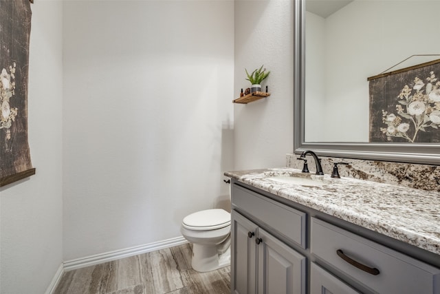 bathroom with vanity, toilet, and wood-type flooring