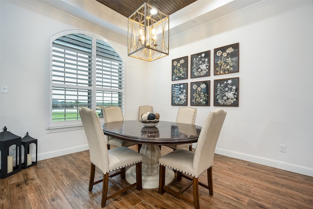 dining space featuring wooden ceiling, an inviting chandelier, crown molding, a tray ceiling, and hardwood / wood-style flooring