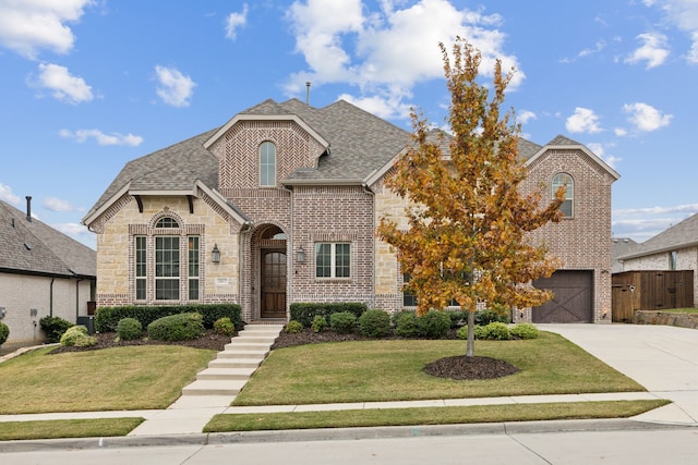 french country style house featuring concrete driveway, brick siding, a front yard, and stone siding