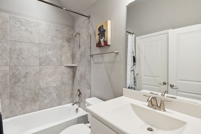 full bathroom featuring toilet, vanity, and shower / bath combination with curtain