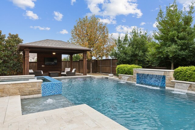 back of property featuring a gazebo, an outdoor living space, and a patio area