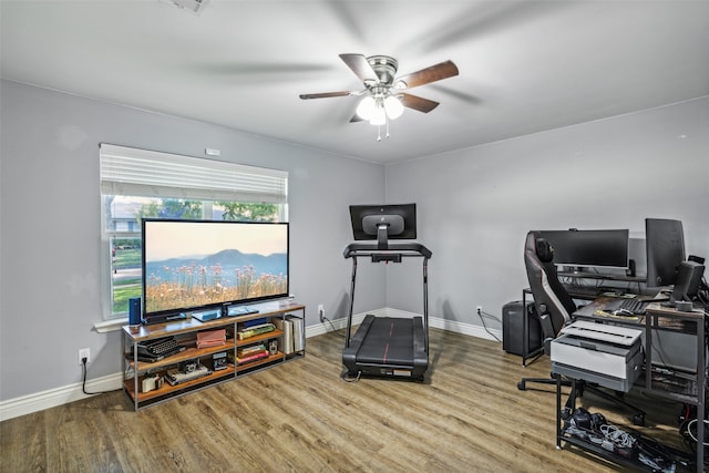 office space with hardwood / wood-style flooring and ceiling fan