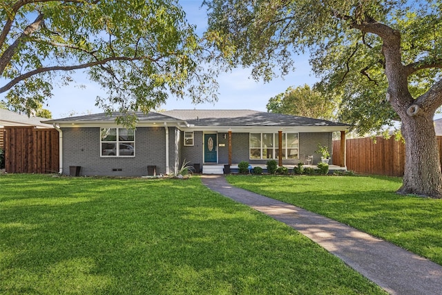 single story home featuring central air condition unit and a front lawn