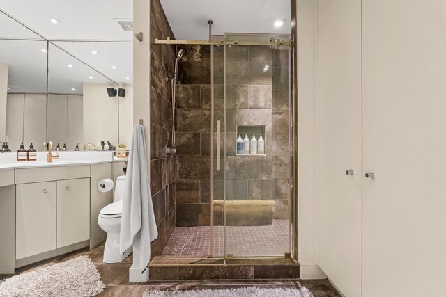 bathroom featuring toilet, vanity, and walk in shower