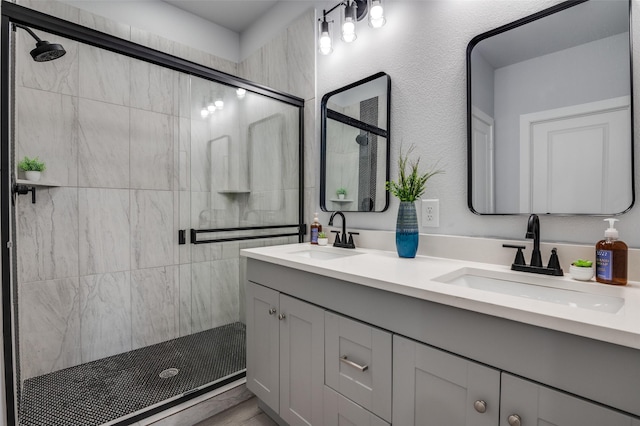 bathroom with vanity and a shower with shower door