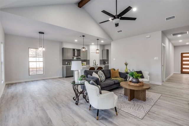 living room with ceiling fan, beamed ceiling, high vaulted ceiling, and light wood-type flooring