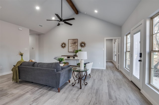 living room featuring beamed ceiling, ceiling fan, high vaulted ceiling, and light hardwood / wood-style flooring