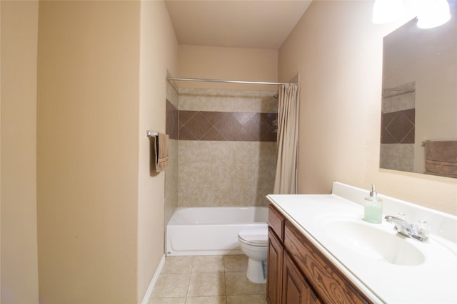 full bathroom with toilet, vanity, tile patterned floors, and shower / bathtub combination with curtain