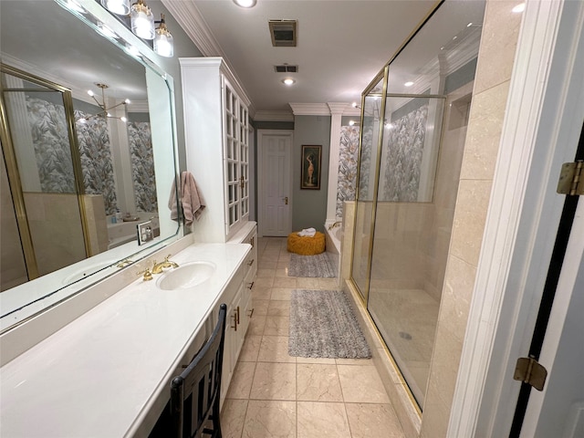 bathroom featuring vanity, a shower with shower door, and crown molding