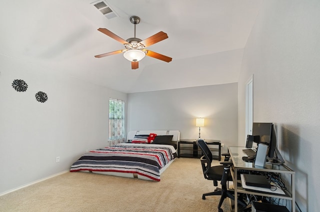 carpeted bedroom featuring vaulted ceiling and ceiling fan