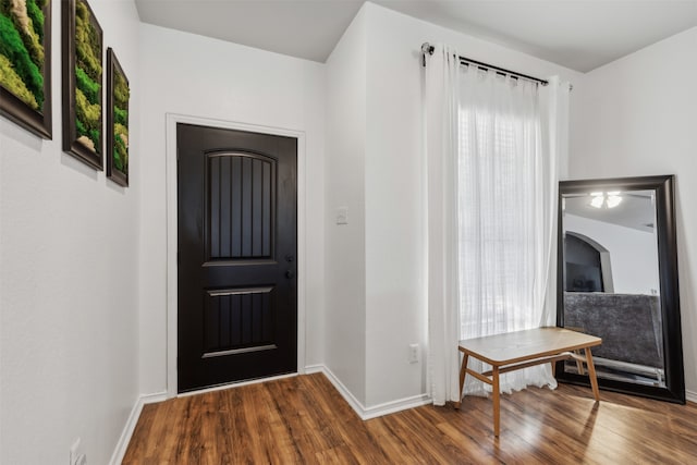 foyer with baseboards and wood finished floors