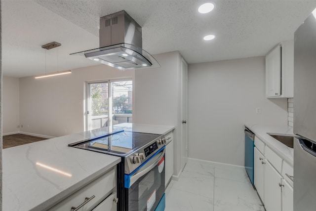 kitchen featuring a textured ceiling, white cabinetry, island exhaust hood, and appliances with stainless steel finishes