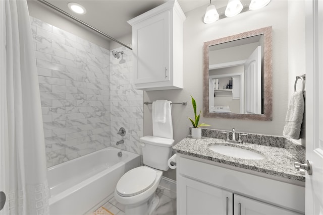 full bathroom featuring vanity, toilet, and shower / bathtub combination with curtain