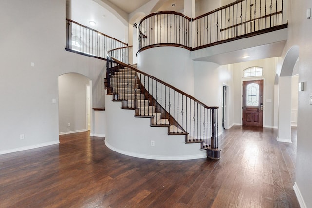 entrance foyer with a high ceiling and dark wood-type flooring