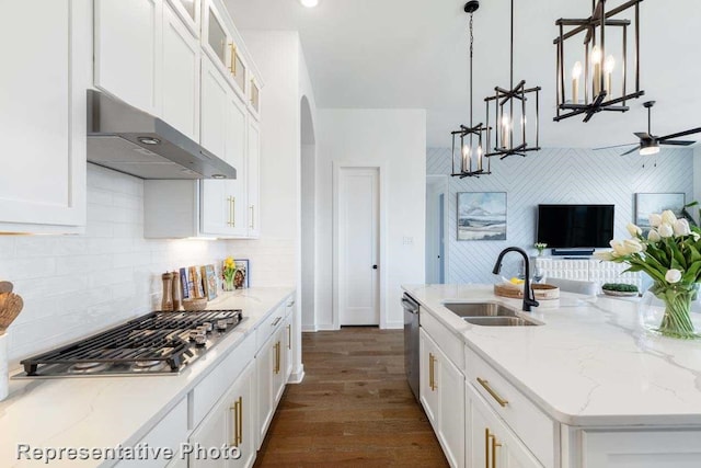 2166 Charming Forge Rd, Forney, TX 75126 - kitchen featuring under cabinet range hood, stainless steel appliances, open floor plan, white cabinets, and an island with sink