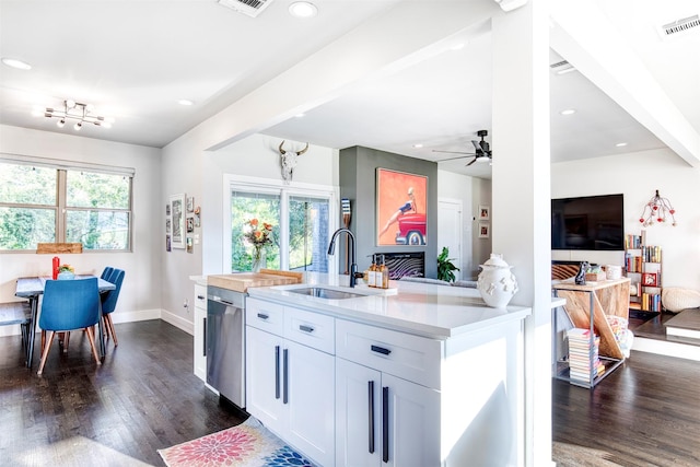 kitchen with white cabinetry, stainless steel dishwasher, plenty of natural light, and dark wood-type flooring