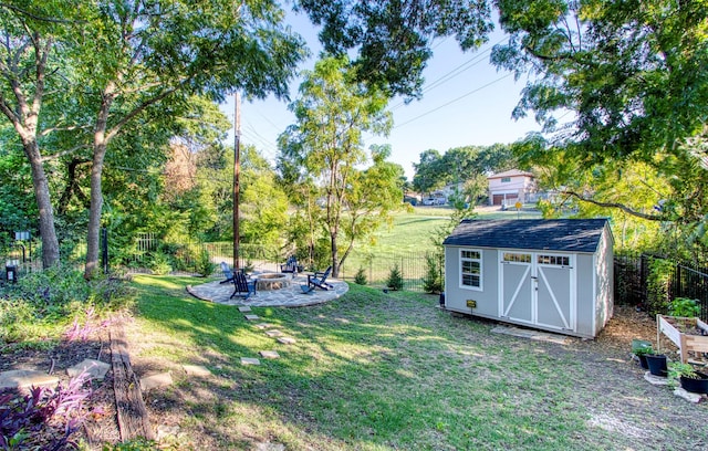 view of yard with a patio and a storage shed