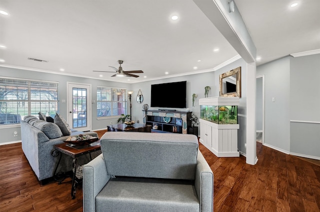 living room with ceiling fan, crown molding, and dark wood-type flooring