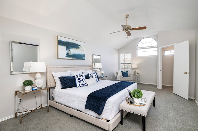 bedroom featuring ceiling fan, carpet floors, and lofted ceiling