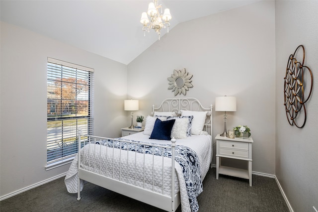 carpeted bedroom featuring lofted ceiling and a notable chandelier