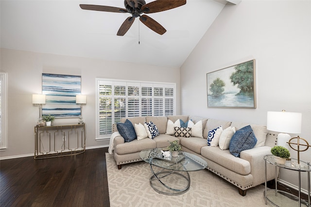 living room with ceiling fan, high vaulted ceiling, and hardwood / wood-style flooring