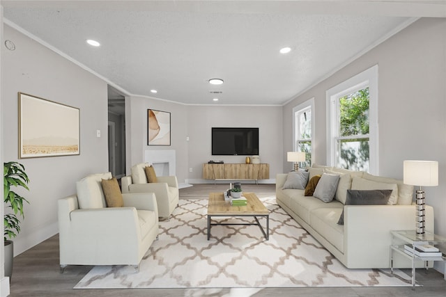 living room featuring wood-type flooring, a textured ceiling, and ornamental molding