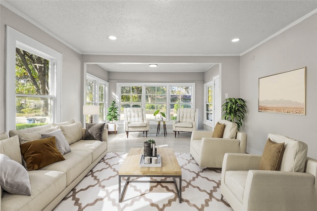 living room featuring ornamental molding, a textured ceiling, and light wood-type flooring