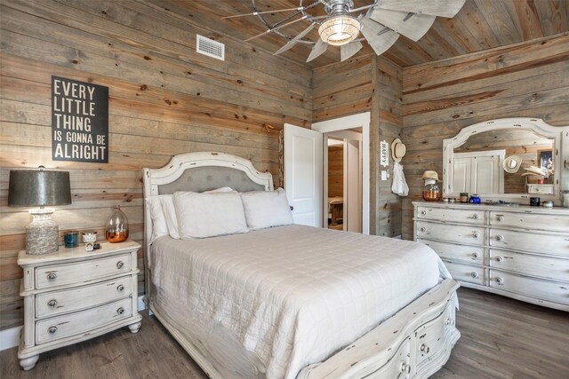 bathroom with plus walk in shower, vanity, wooden walls, and wood ceiling