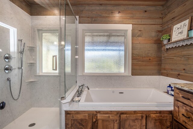 bathroom with wood walls, vanity, wooden ceiling, toilet, and walk in shower