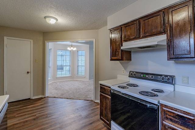 kitchen with electric stove, wood-type flooring, and dark brown cabinetry